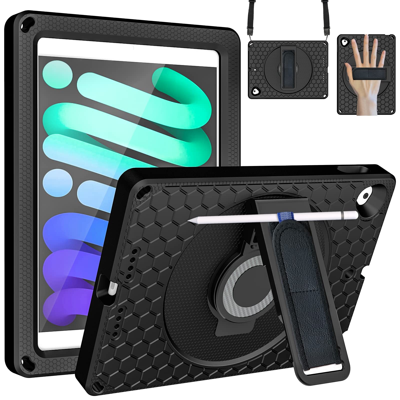 AGROMI Case for iPad 9th/8th/7th Generation 10.2 Inch Case for Kids, Compatible with iPad 10.2 Inch Case 2021/2020/2019 with Pencil Holder, Shockproof Case with 360° Rotating Stand & Hand Strap, Black