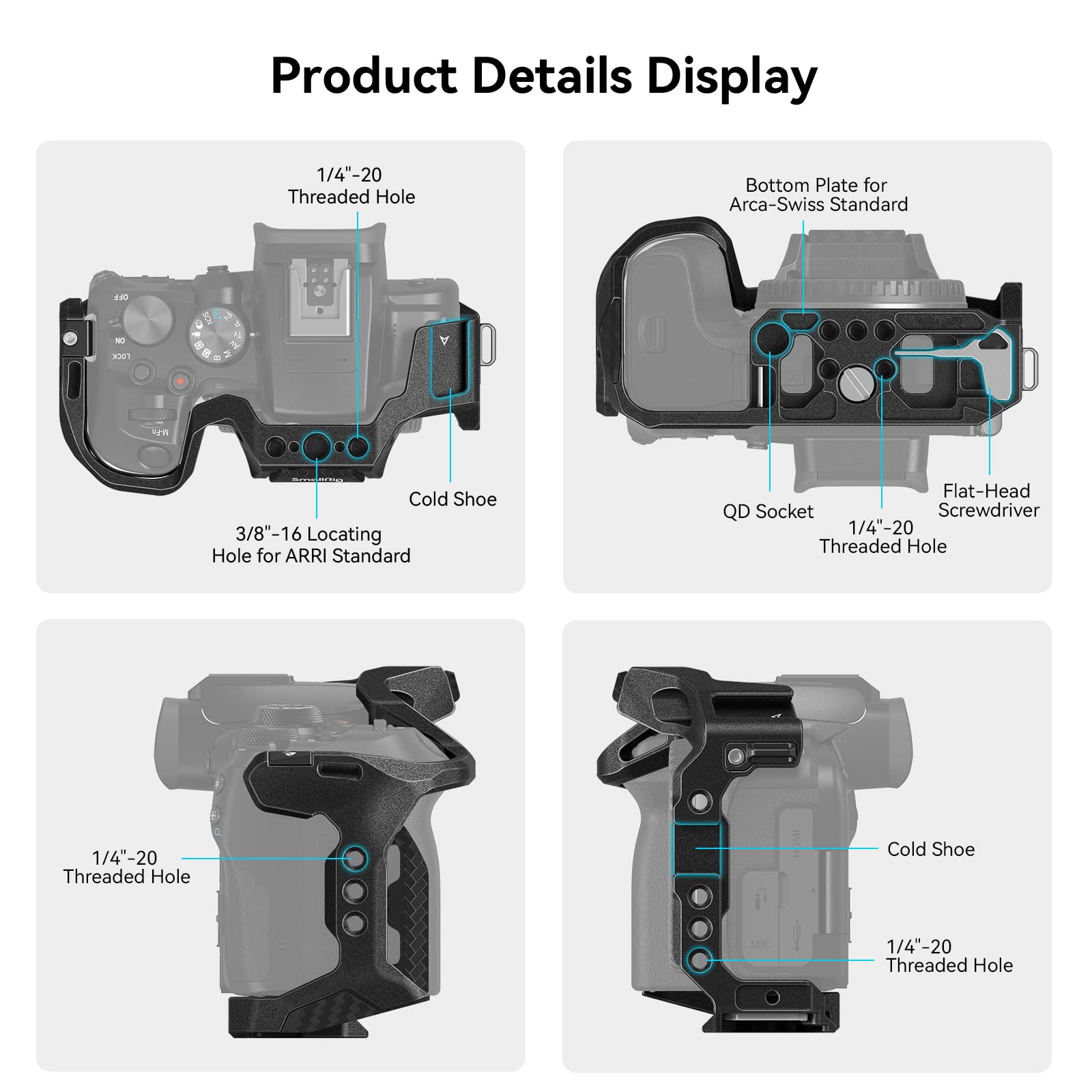 SmallRig R10 Cage for Canon R10, Aluminum Alloy R10 cage with 1/4"-20 and 3/8"-16 Threaded Hole, Cold Shoe, NATO Rail and Quick Release Plate for Canon R10-4004