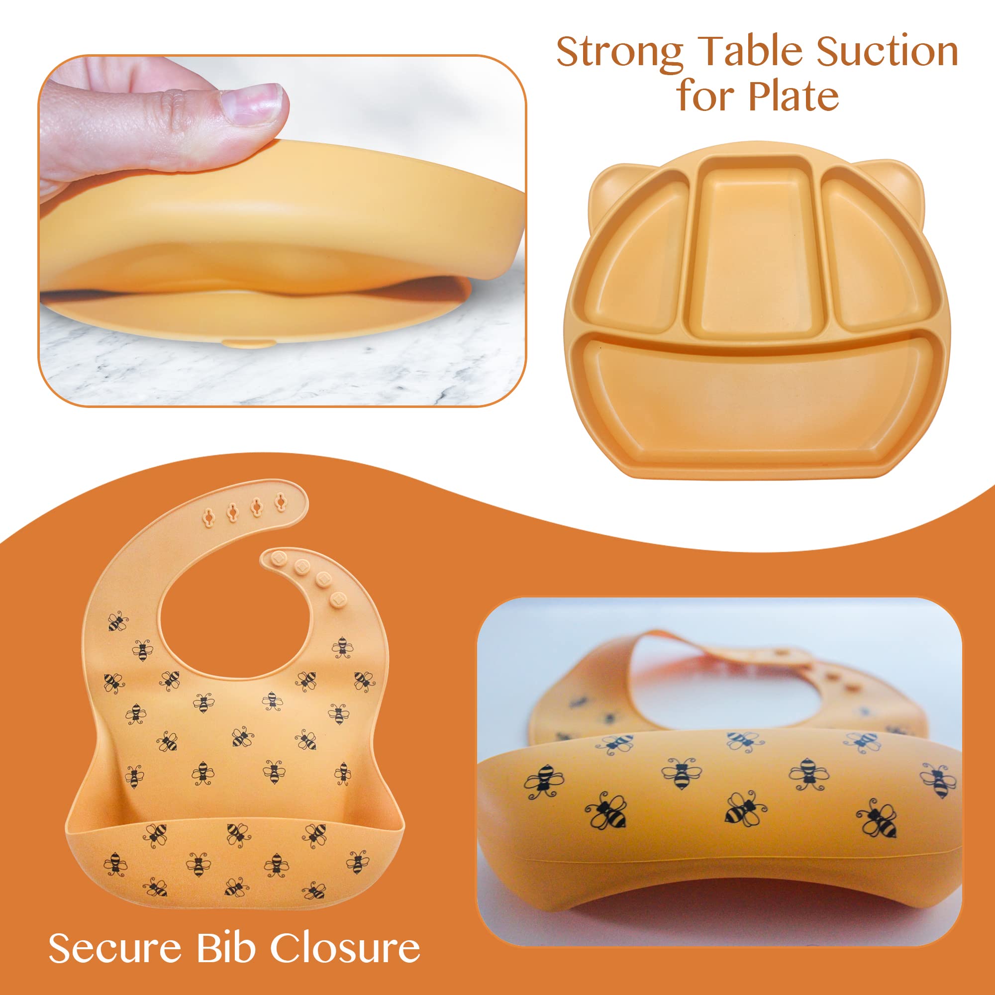 StarTotz Baby feeding set | Suction plates for baby, Plate and utensils set for baby, Baby led weaning supplies, Baby plates with suction, Silicone bib, Silicone plates for baby, Mustard (YBFS1)