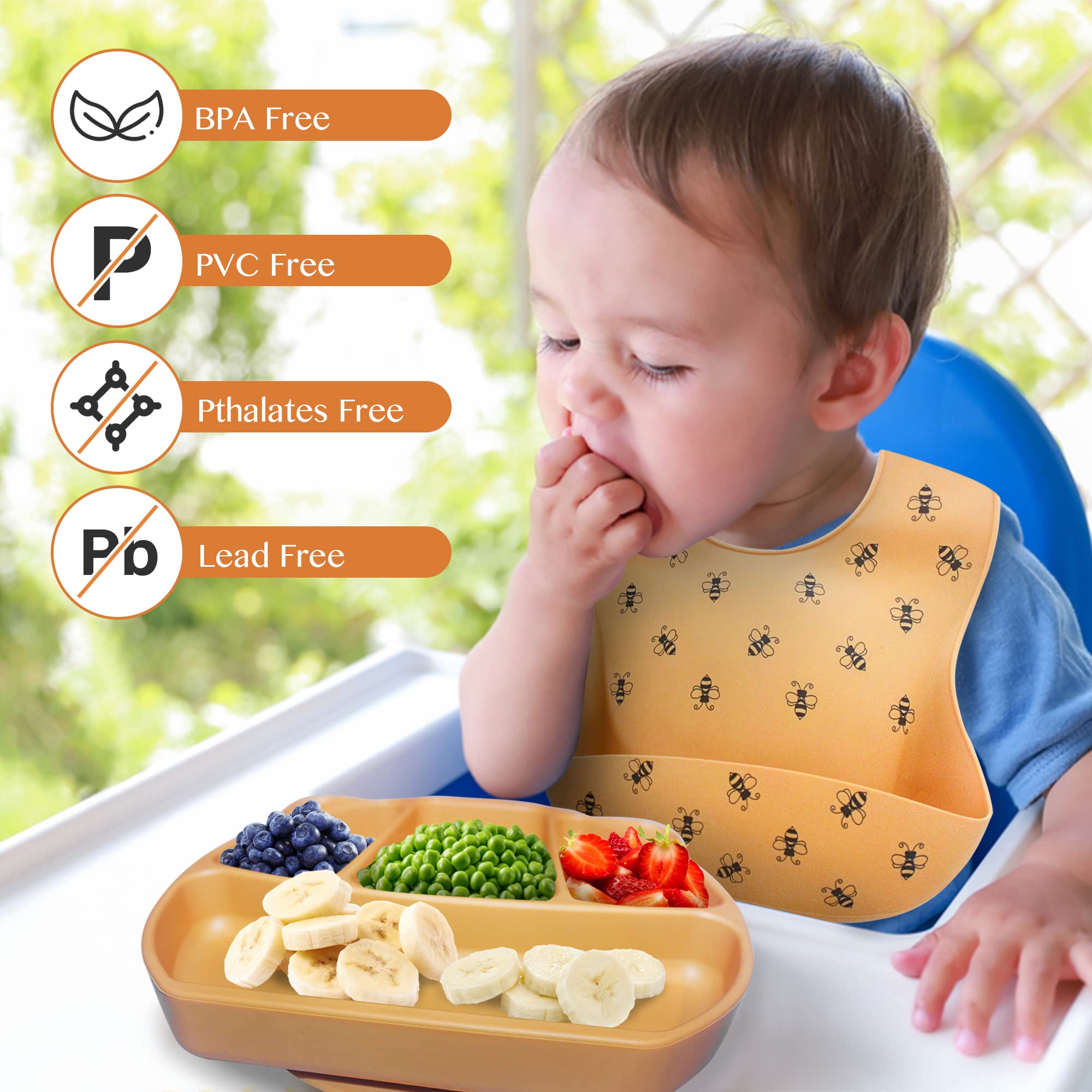 StarTotz Baby feeding set | Suction plates for baby, Plate and utensils set for baby, Baby led weaning supplies, Baby plates with suction, Silicone bib, Silicone plates for baby, Mustard (YBFS1)