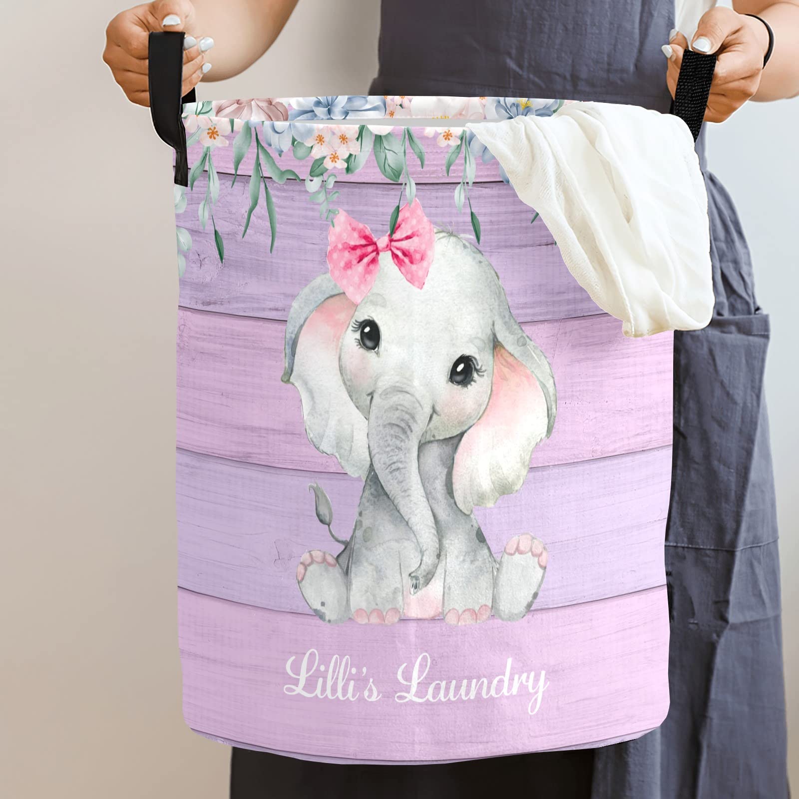 Pink and Lavender Floral Elephant Storage Bin, Waterproof Oxford Fabric Clothes Basket Organizer for Laundry Hamper,Toy Bins,Gift Baskets, Bedroom, Clothes,Baby Nursery