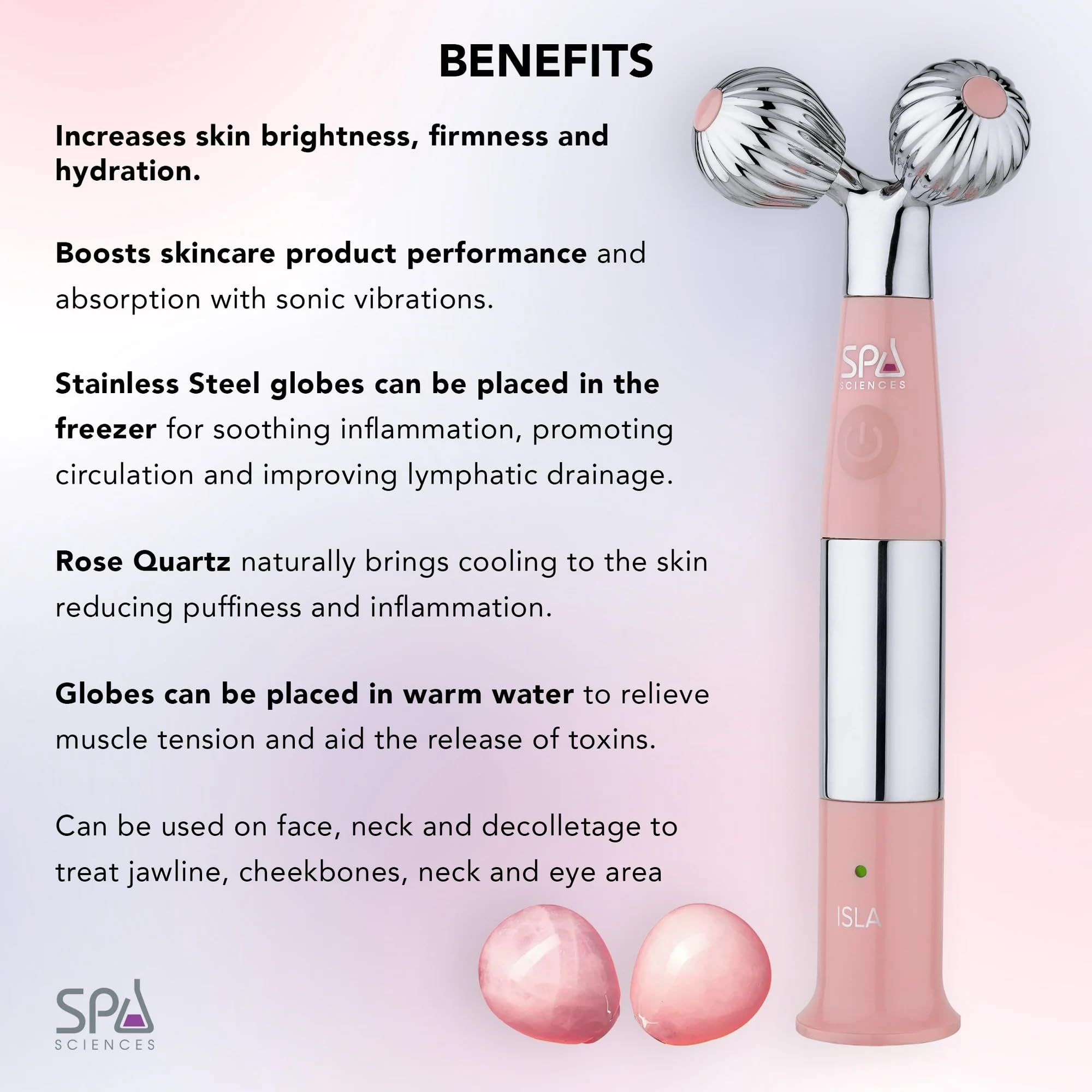 Spa Sciences ISLA Ice + Heat Contouring Roller (Face, Neck, and Décolletage) – Including Steel + Bonus Genuine Rose Quartz Globes