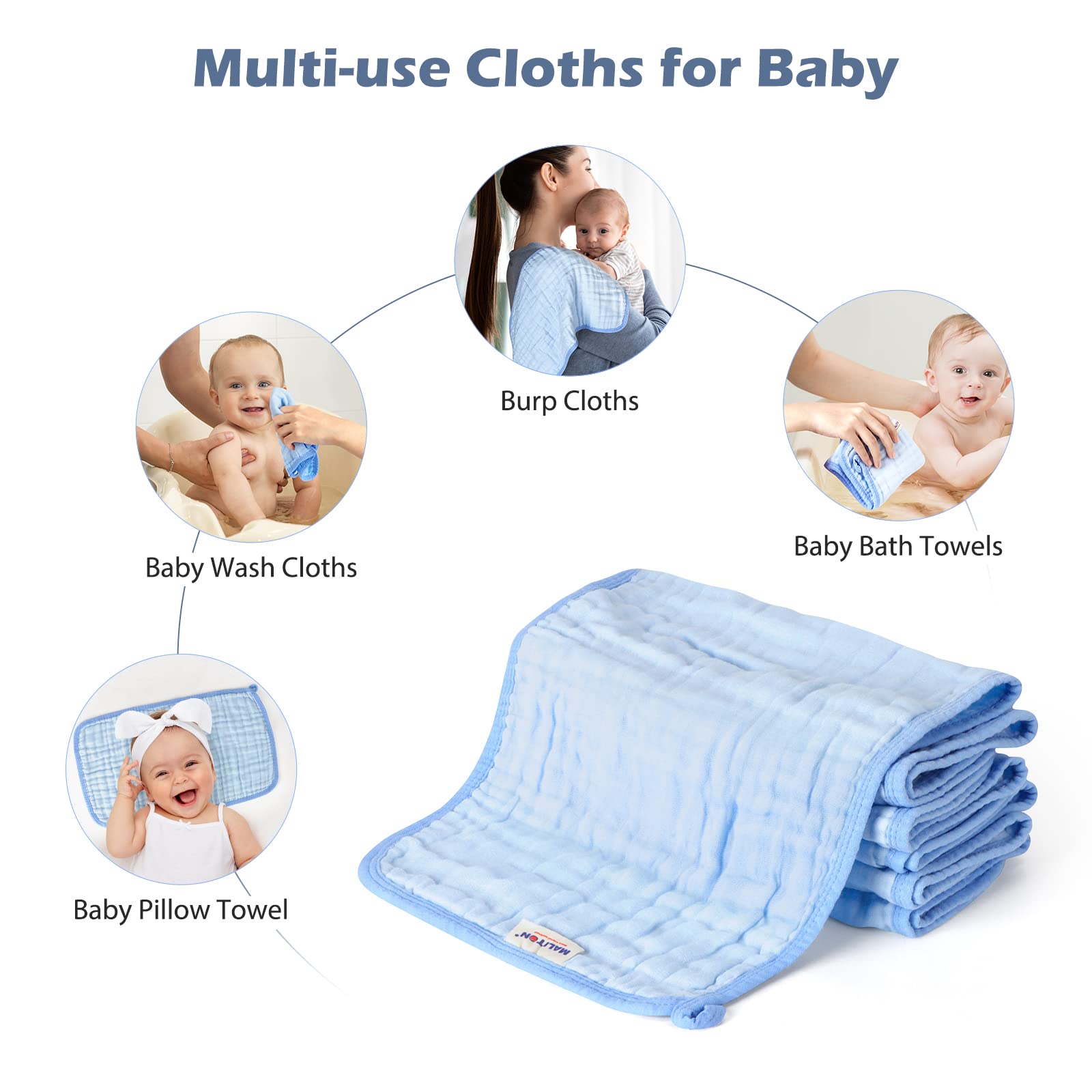 Maliton Baby Boy Muslin Burp Cloths 6 Pack Large 20''x10'' 100% Cotton Burp Rags Absorbent and Soft 6 Layers Baby Spit Up Rags Newborn Boy Essentials(Blue, Pack of 6)