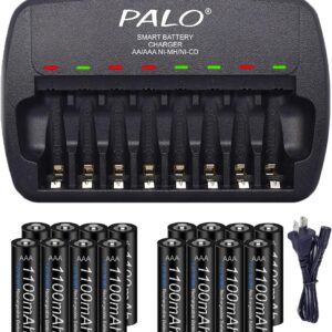 16 Pack Rechargeable AAA Batteries with Charger Kit, 1.2V Ni-MH Triple A Low Self-Discharge Batteries with 8 Bay Independent Slot Fast Charging Charger for 1.2V AA/AAA Battery