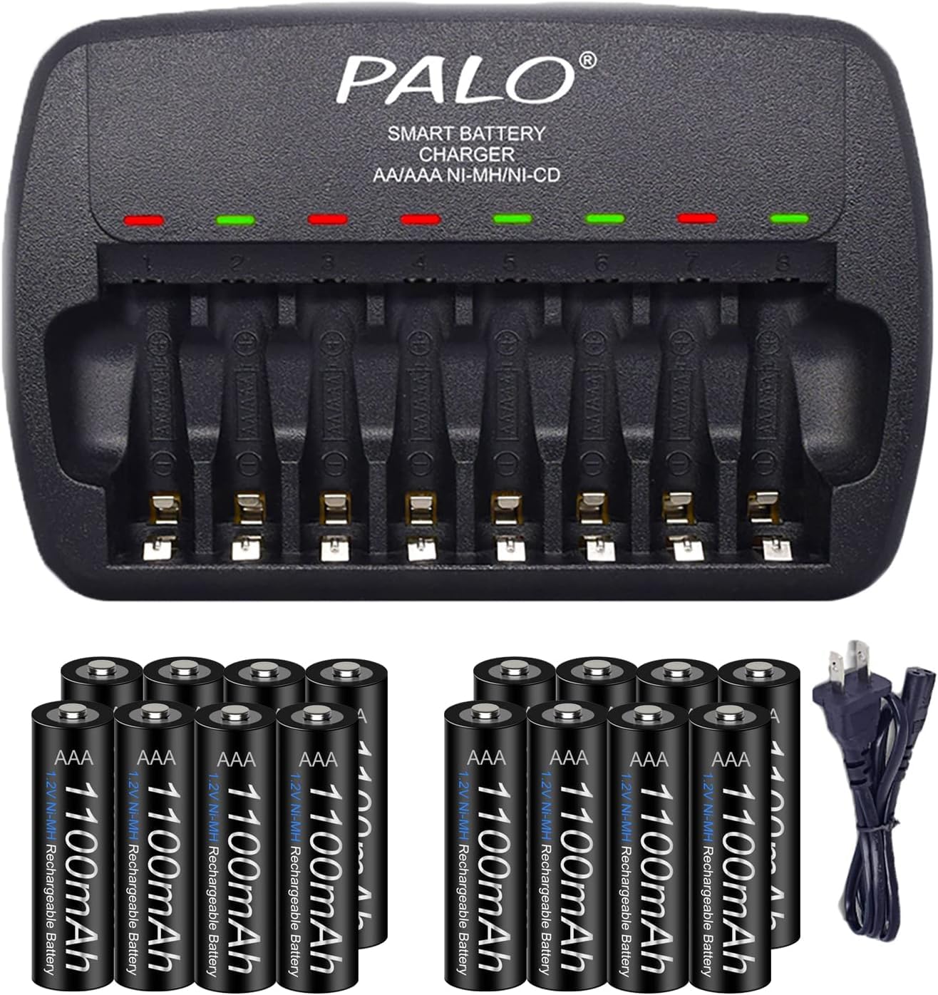 16 Pack Rechargeable AAA Batteries with Charger Kit, 1.2V Ni-MH Triple A Low Self-Discharge Batteries with 8 Bay Independent Slot Fast Charging Charger for 1.2V AA/AAA Battery