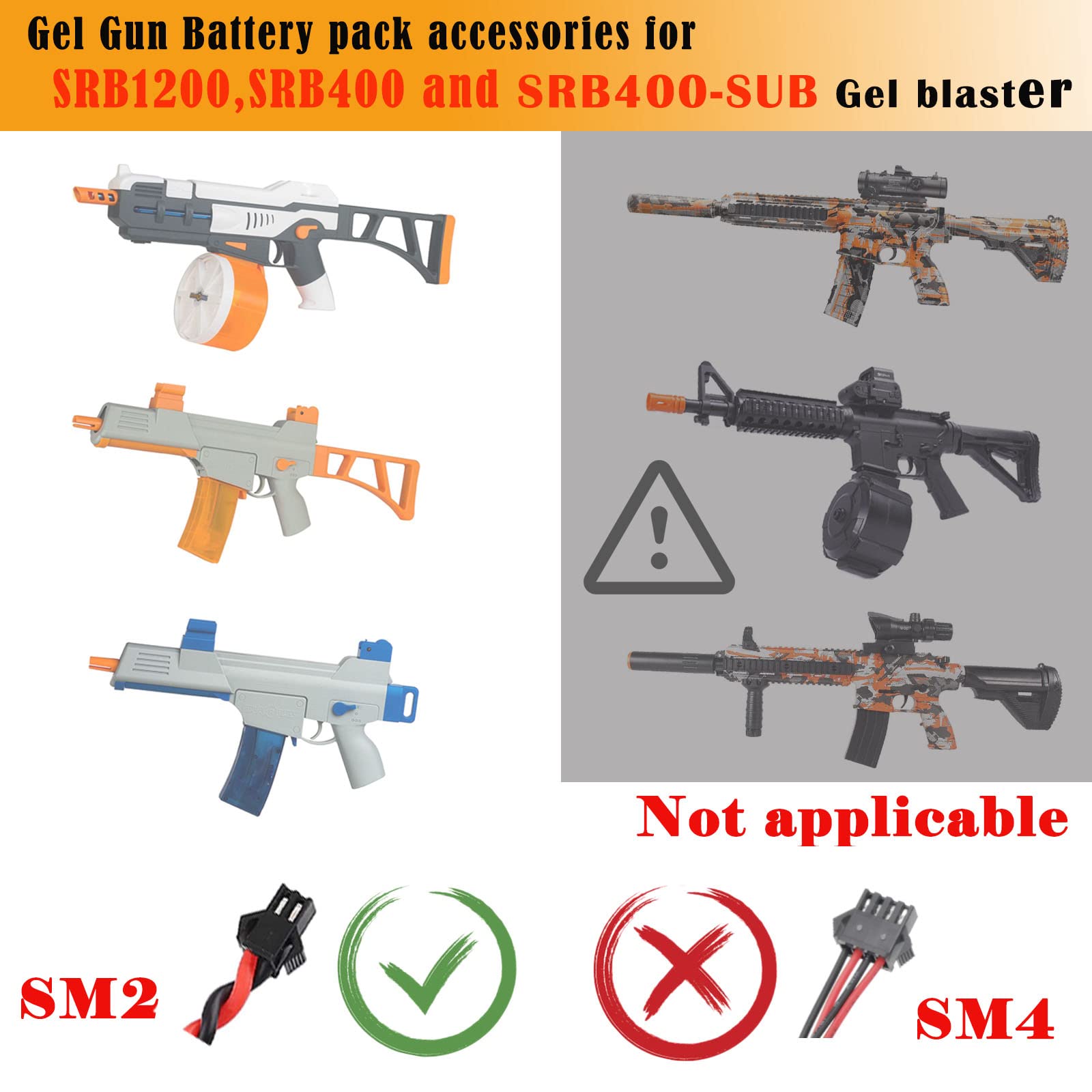 BTEDZSW 2 Pack 7.4V 2000mAh Battery Splatter Ball Gun Battery Pack Accessories for SRB1200 400 400-SUB Airsoft or Water-Gun Toy with USB Charging Cable Rechargeable Lithium Battery SM2P XH-3 Plug