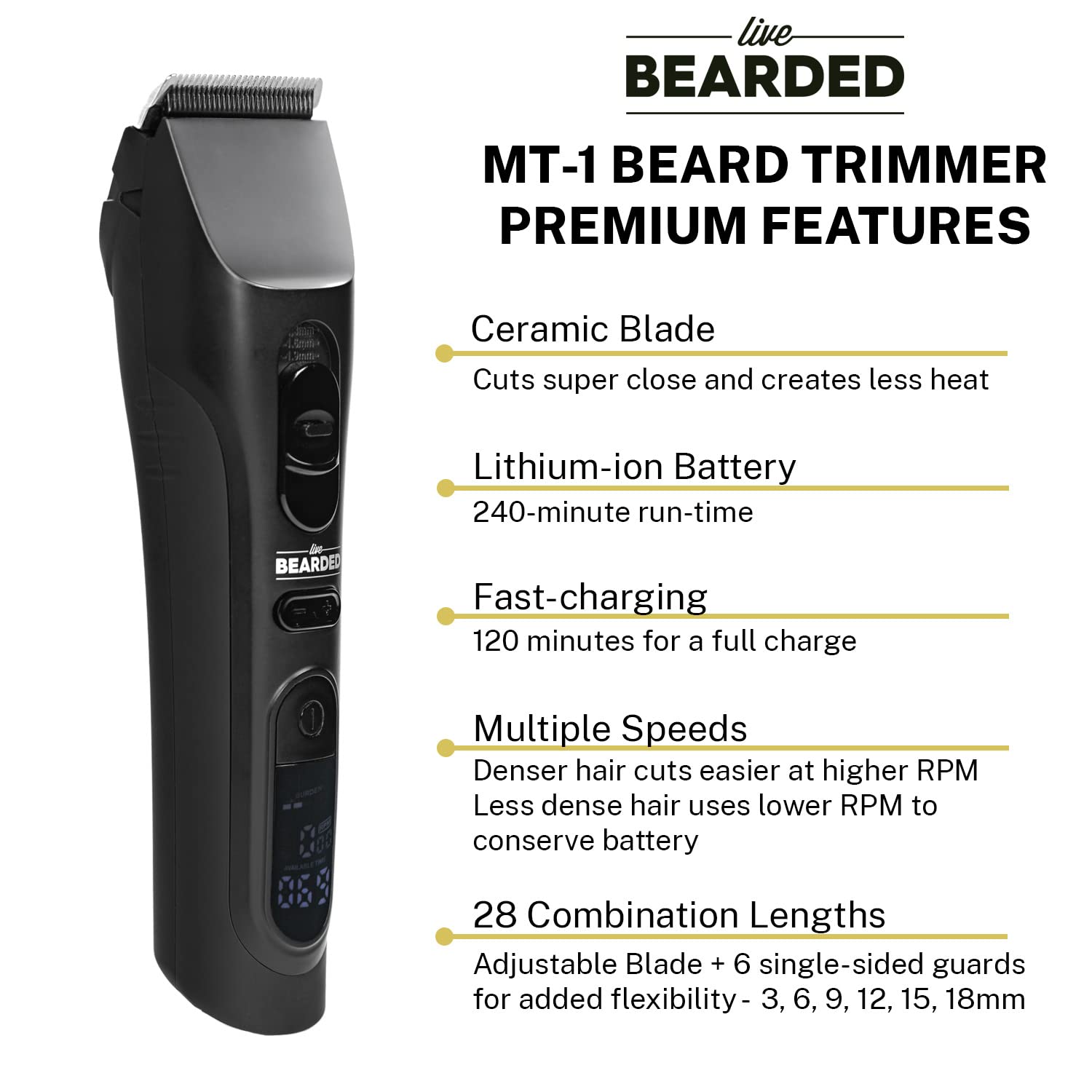 Live Bearded: MT-1 Beard Trimmer - Rechargeable Beard Trimmer for Men - Ceramic Blade - 28 Combination Cutting Lengths - Whisper Quiet, 240-Minute Run-Time