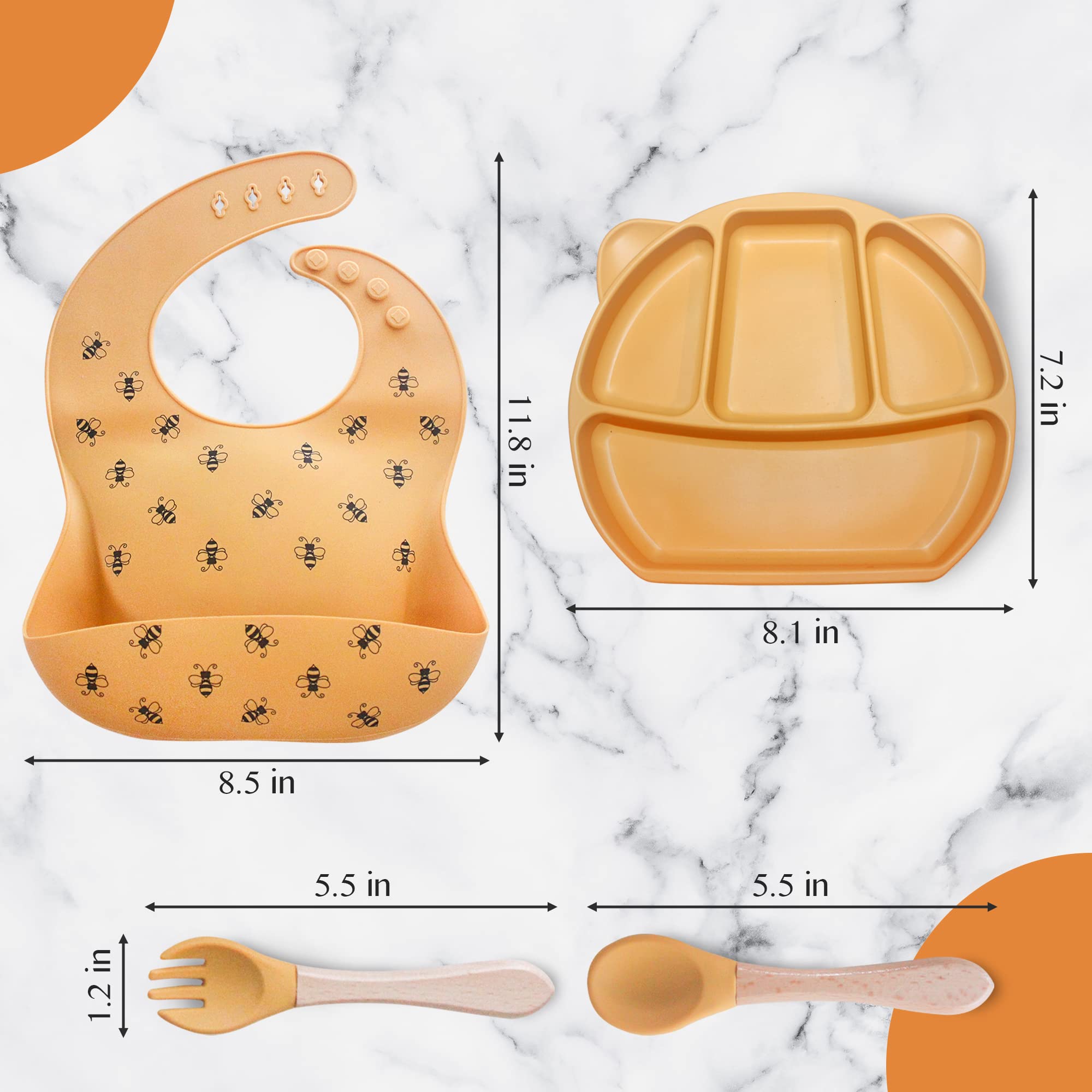 StarTotz Baby feeding set | Suction plates for baby, Plate and utensils set for baby, Baby led weaning supplies, Baby plates with suction, Silicone bib, Silicone plates for baby, Mustard (YBFS1)