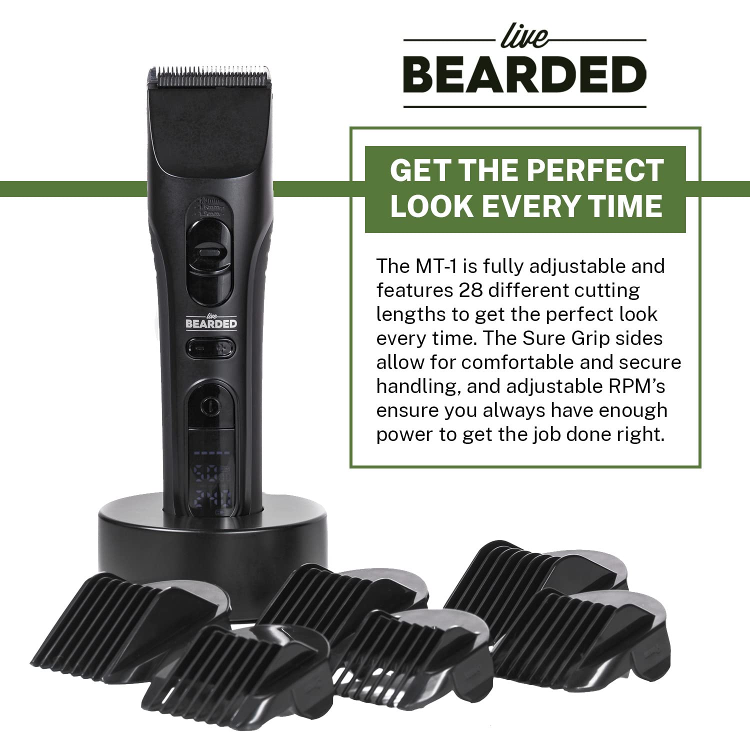 Live Bearded: MT-1 Beard Trimmer - Rechargeable Beard Trimmer for Men - Ceramic Blade - 28 Combination Cutting Lengths - Whisper Quiet, 240-Minute Run-Time