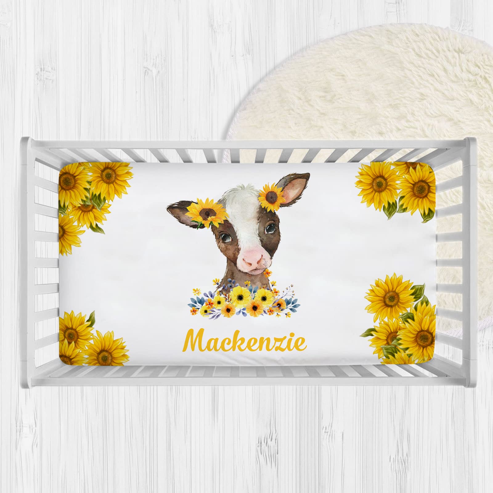 Personalized Cow Sunflowers Baby Crib Sheets with Name, Customized Crib Mattress Sheets for Baby Boys Girls, Fitted Crib Bedding Sheets for Standard Crib Size, Mini Crib Sheet | Name Crib Sheets