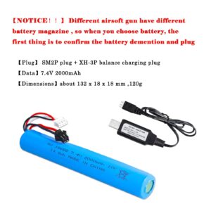 BTEDZSW 2 Pack 7.4V 2000mAh Battery Splatter Ball Gun Battery Pack Accessories for SRB1200 400 400-SUB Airsoft or Water-Gun Toy with USB Charging Cable Rechargeable Lithium Battery SM2P XH-3 Plug