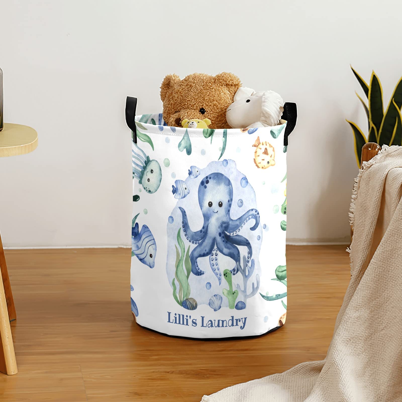 Underwater-Creatures-Sea-Turtle-Octopus Storage Bin, Waterproof Oxford Fabric Clothes Basket Organizer for Laundry Hamper,Toy Bins,Gift Baskets, Bedroom, Clothes,Baby Nursery