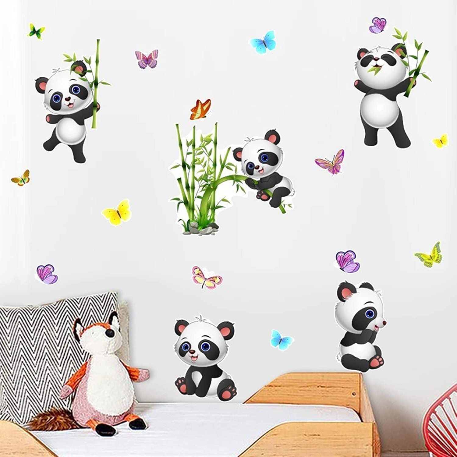 Panda Bamboo & Butterfly Wall Decals,Peel and Stick Removable Animal Wall Stickers for Kids Children Bedroom Nursery Home Decor(11x10in)