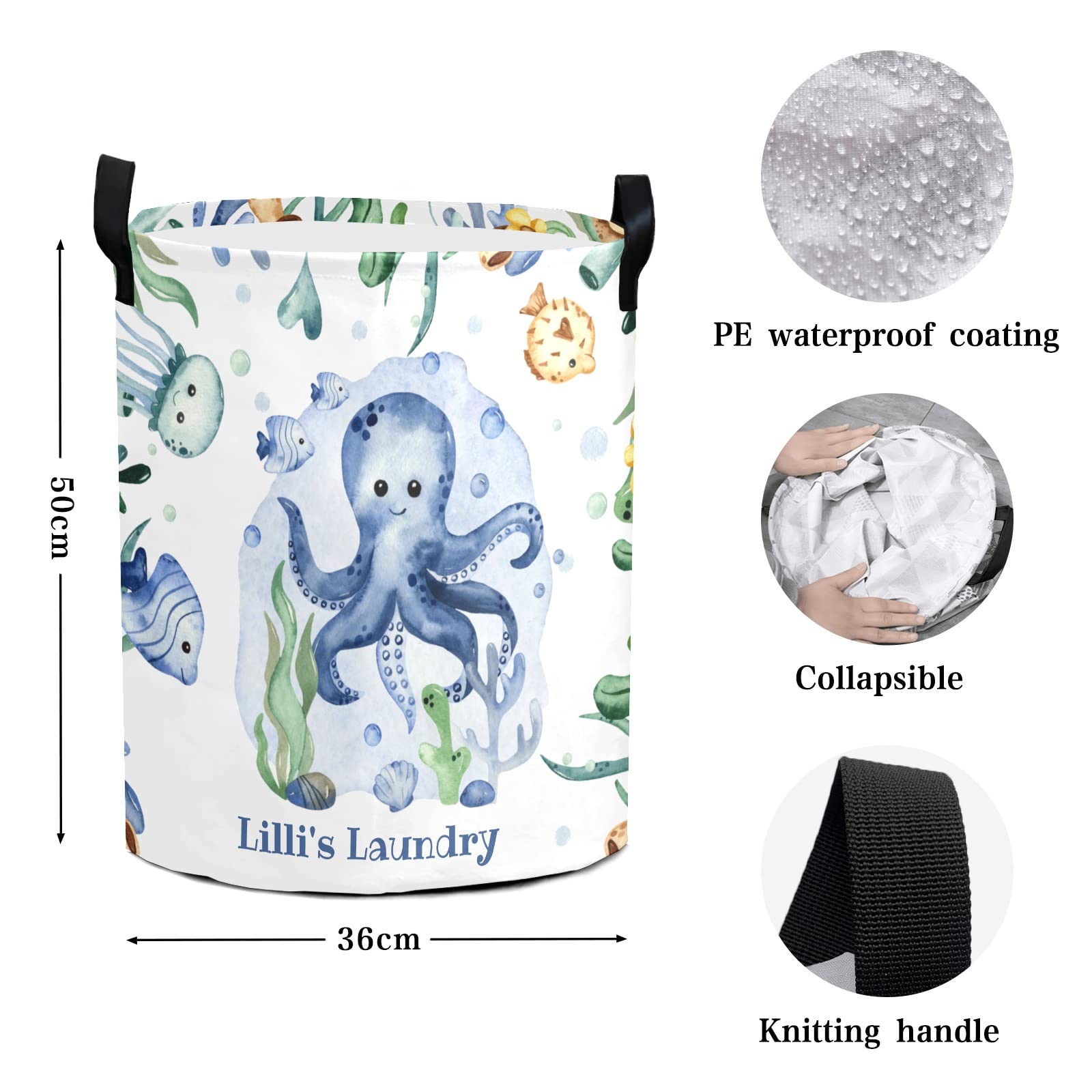 Underwater-Creatures-Sea-Turtle-Octopus Storage Bin, Waterproof Oxford Fabric Clothes Basket Organizer for Laundry Hamper,Toy Bins,Gift Baskets, Bedroom, Clothes,Baby Nursery