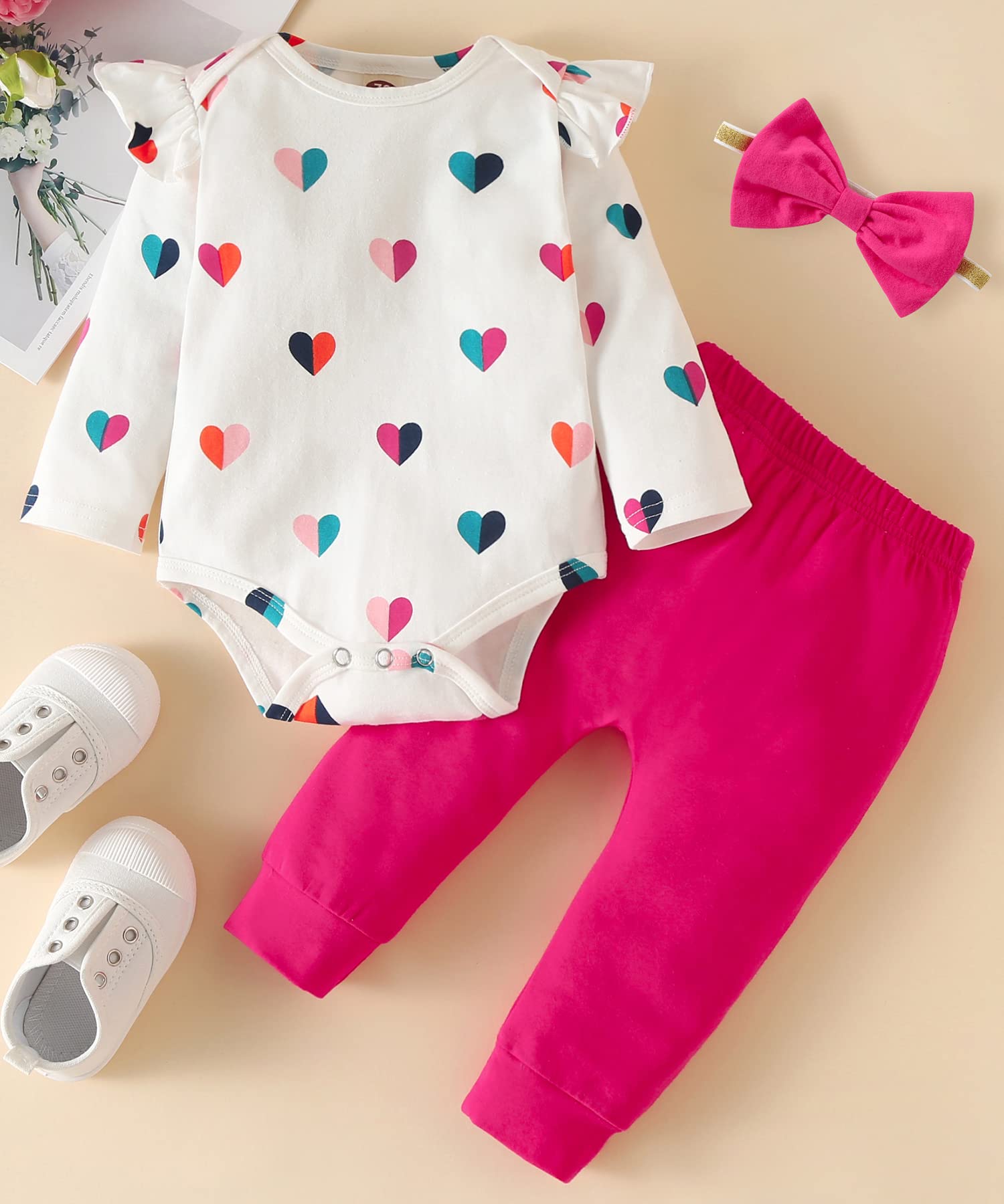 Fullfamous Baby Girl Clothes Gifts Outfits,Fall Winter Long Sleeve Romper and Pant Set Raspberry Heart 6-12 months