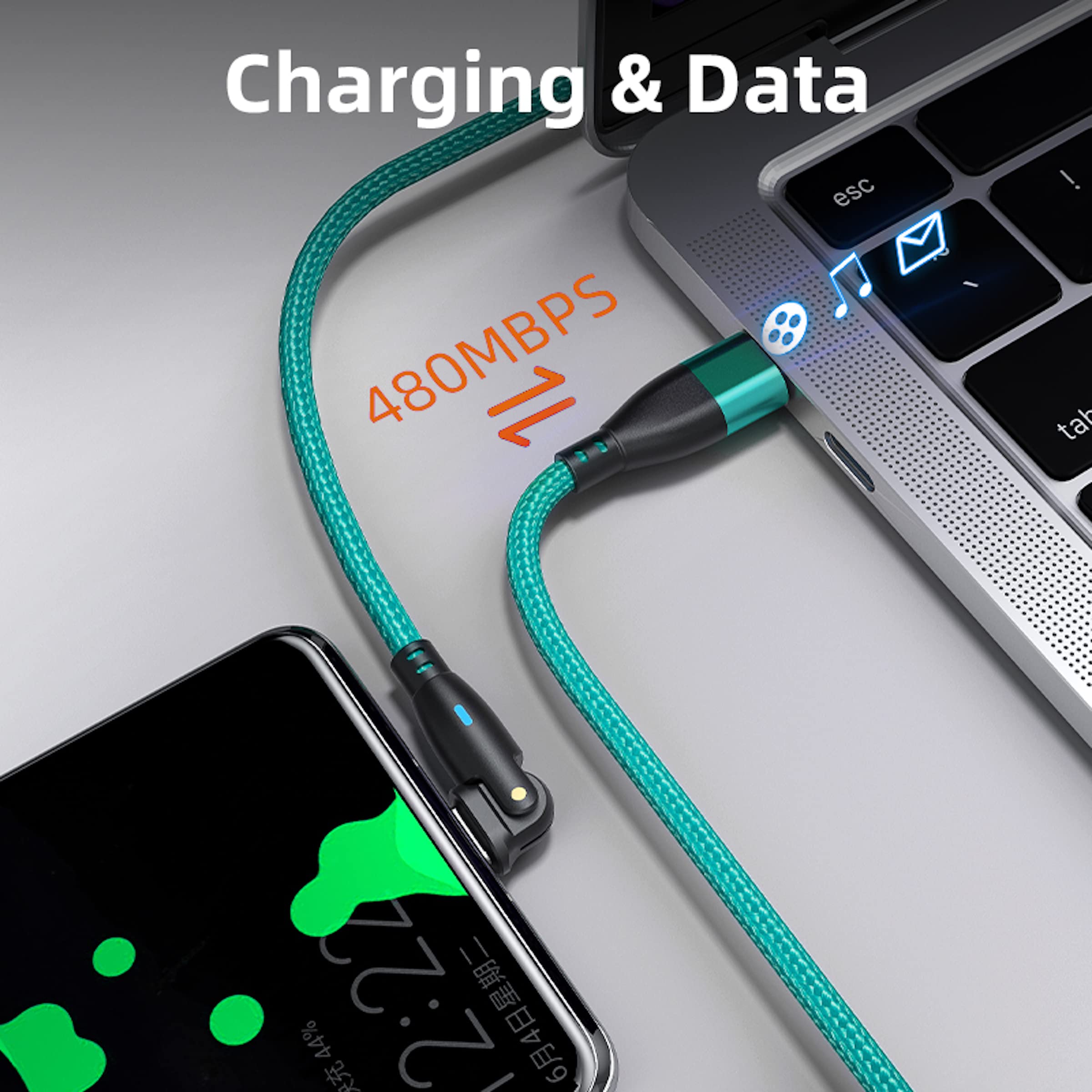 Aporia - PD 60 Watt Type C to C USB Cable Fast Charging Data Transfer 180 Degree Rotating Right Angle Head (Green, 6ft)