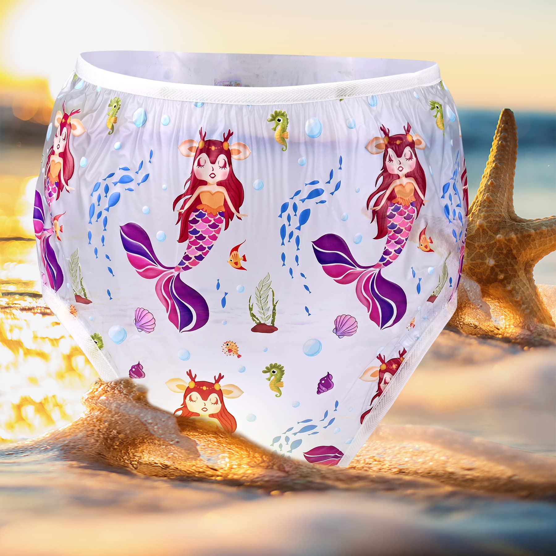 Aimisin Adult Baby Plastic Cute Pattern Print Pants Adult Incontinence PVC Diaper Cover 1 Piece (Purple-3D-Mermaids Under The sea, Medium)