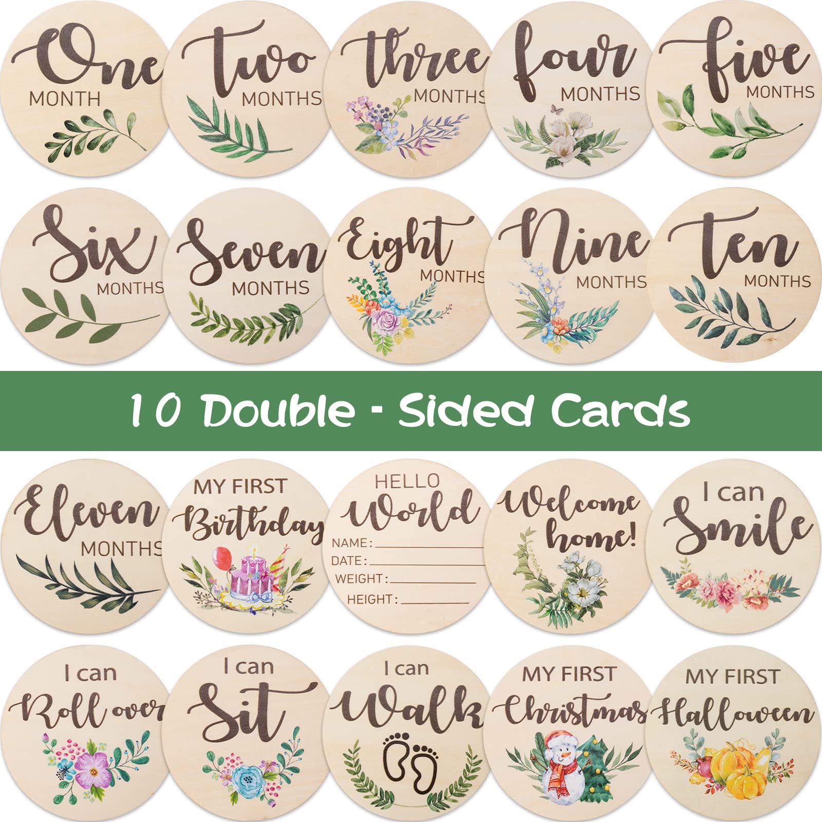 Baby Monthly Milestone Cards Sign - 10 Double Sided Marker Wooden Circles Discs Newborn Photography Prop, Pregnancy Journey Birth Announcement Sign Baby Boy and Girl Gift Sets