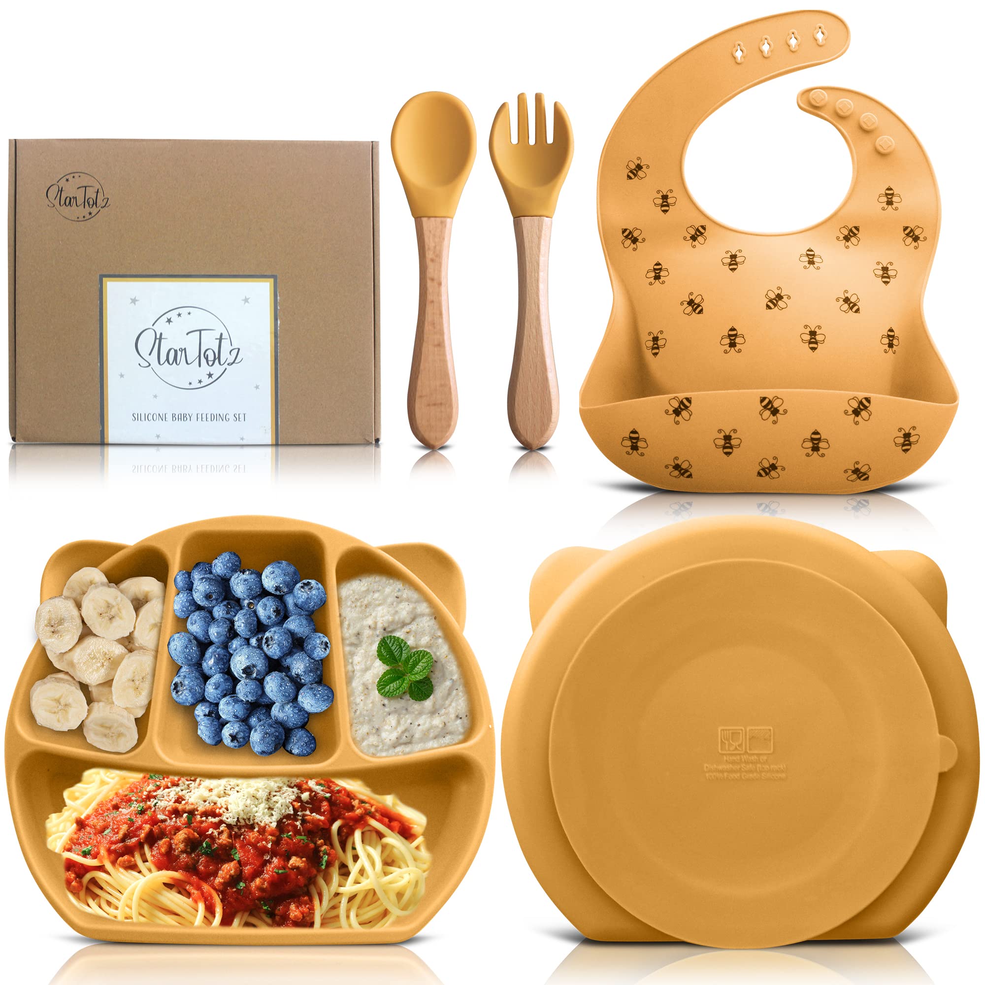 StarTotz Baby feeding set | Suction plates for baby, Plate and utensils set for baby, Baby led weaning supplies, Baby plates with suction, Silicone bib, Silicone plates for baby, Mustard (YBFS1)