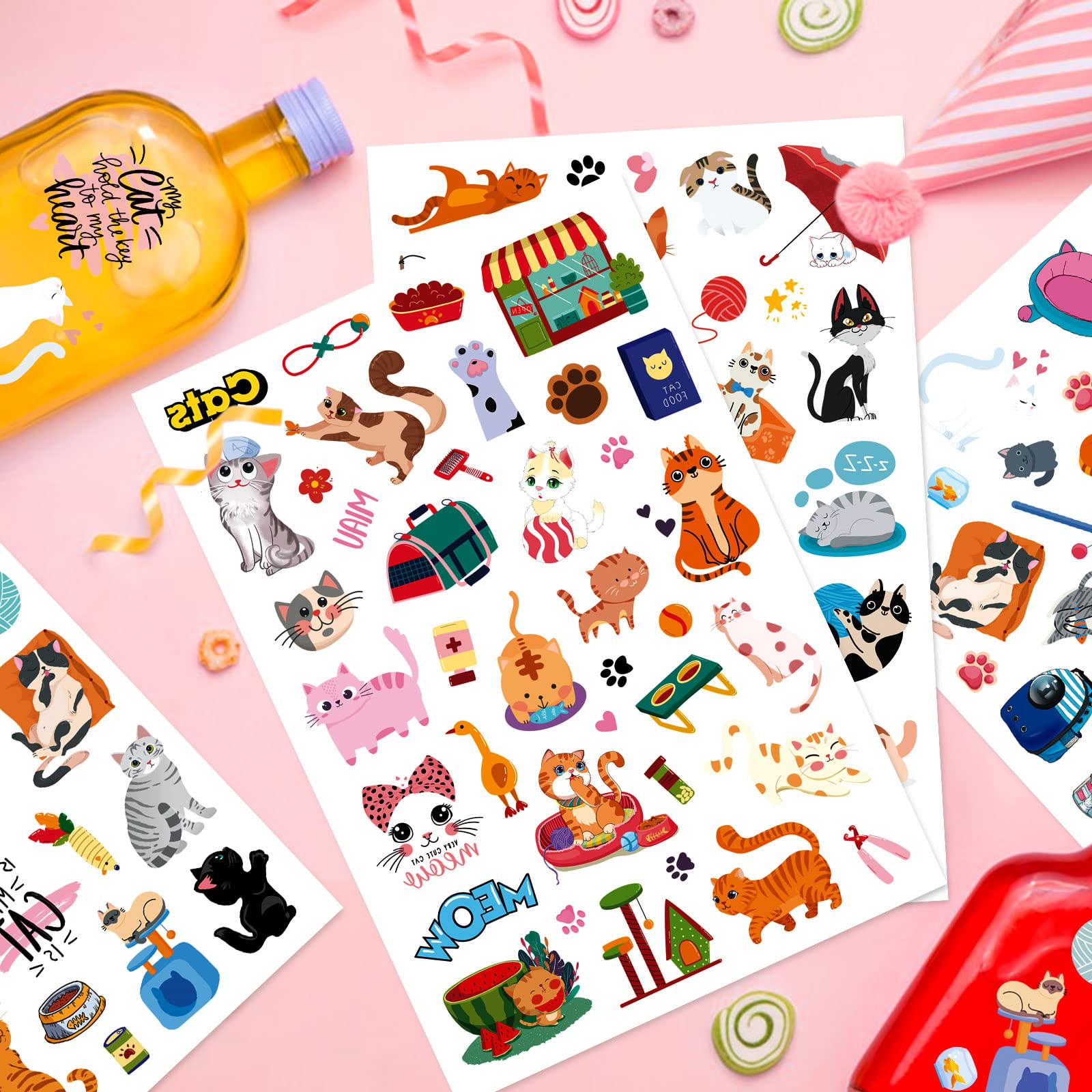 Cute Cat Temporary Tattoos for Kids 690 Pieces Cat Birthday Themed Party Supplies Favors Goodie Bags Decor Sticker Tattoos Valentine's Day Gifts Gift for Boys Girls Classroom Prizes Carnival Rewards