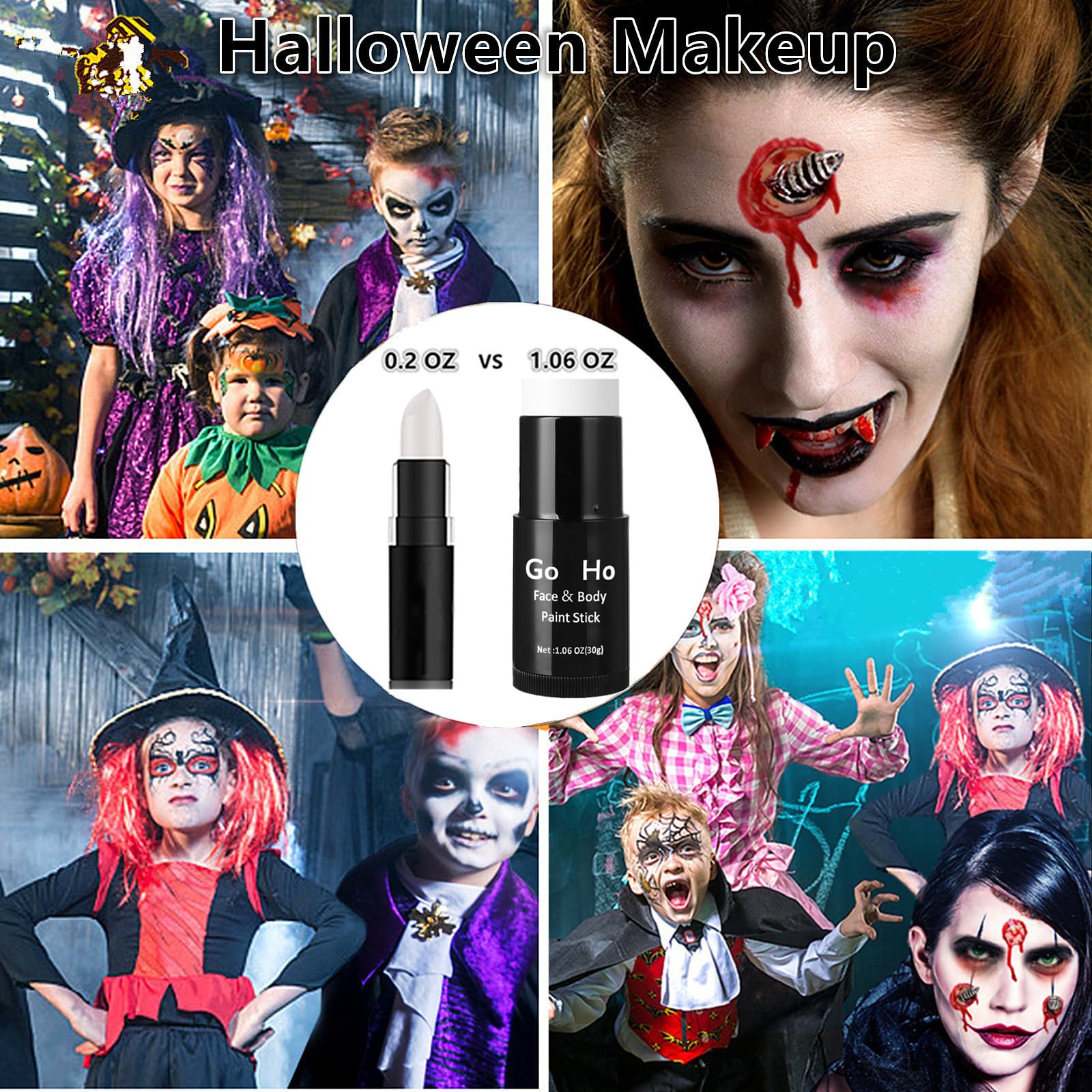 Go Ho Cream-Blendable Clown White Face Paint Stick,Full-coverage Waterproof White Body Paint for Halloween Cosplay Jokester Zombie Vampire Skeleton Clown SFX Makeup,White Eye Black Stick