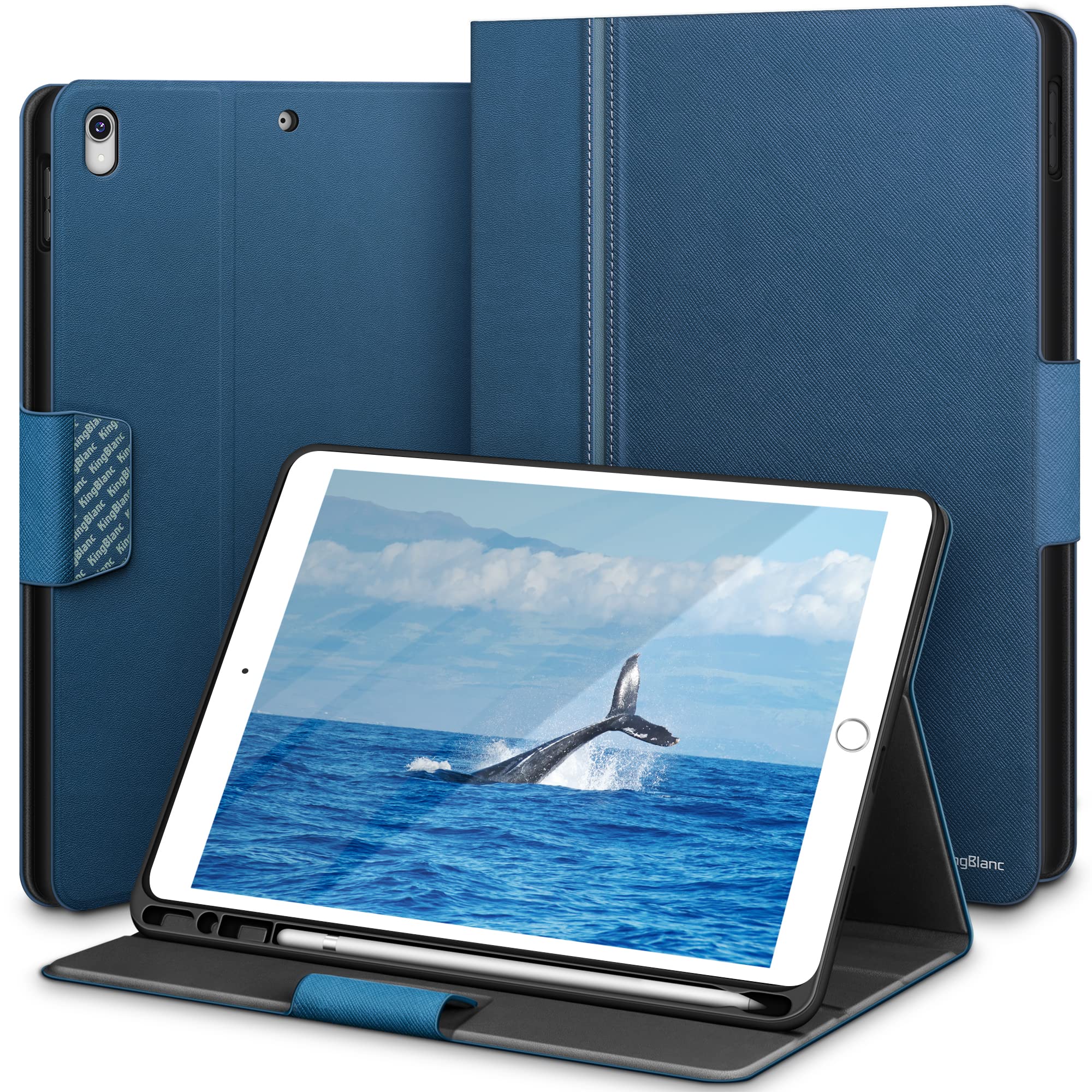 KingBlanc Case for iPad Air (3rd Generation) 10.5" 2019 / iPad Pro 10.5 inch 2017 Case with Apple Pencil Holder, Vegan Leather Smart Cover, Auto Sleep/Wake, Multi-Angle Folding, Blue