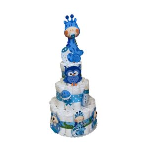 Giraffe Monkey Safari Diaper Cake, 3 Tier Assembled Diaper Cake, Newborn Diaper Cake (Blue)