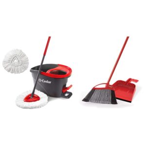 o-cedar easywring microfiber spin mop & bucket floor cleaning system with 1 extra refill,red/gray and o-cedar pet pro broom & step-on dustpan powercorner, red bundle