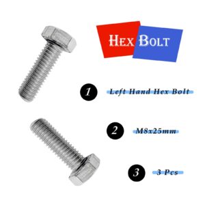 M8x25mm Left Hand Hex Bolt,304 Stainless Steel Reverse Threaded Hex Bolts,Silver Fully Threaded Hex Bolts(3Pcs)