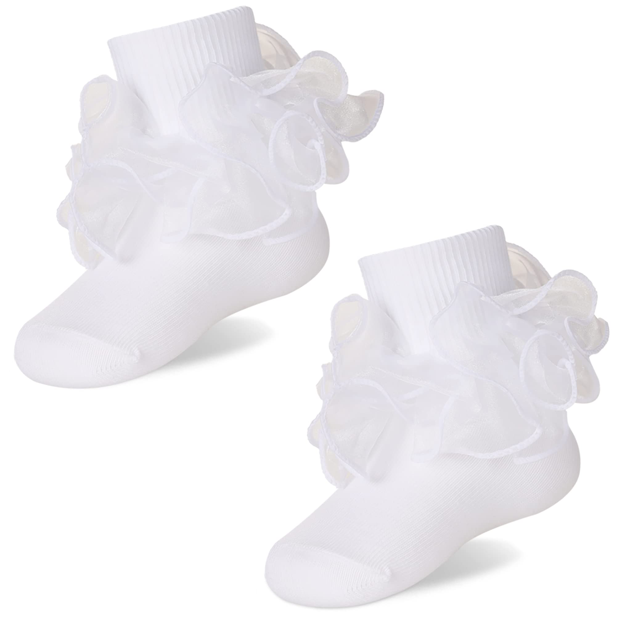 Girls Ruffle Socks Cute Double Lace Frilly Princess Dress Cotton Socks for Kids Toddler Girls 2 Pairs (4-6 Years, 2 Pairs White)