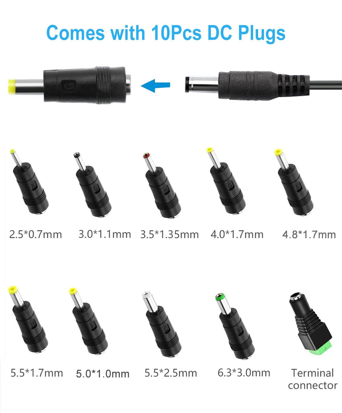 DC 12V 2A Power Supply AC DC Power Adapter with 10 Tips, DC in 12V 2A Power Cord,AC 100-240v, 50/60HZ, 5.5x2.5mm DC Output Jack,12V2a Adapter Converter Transformer