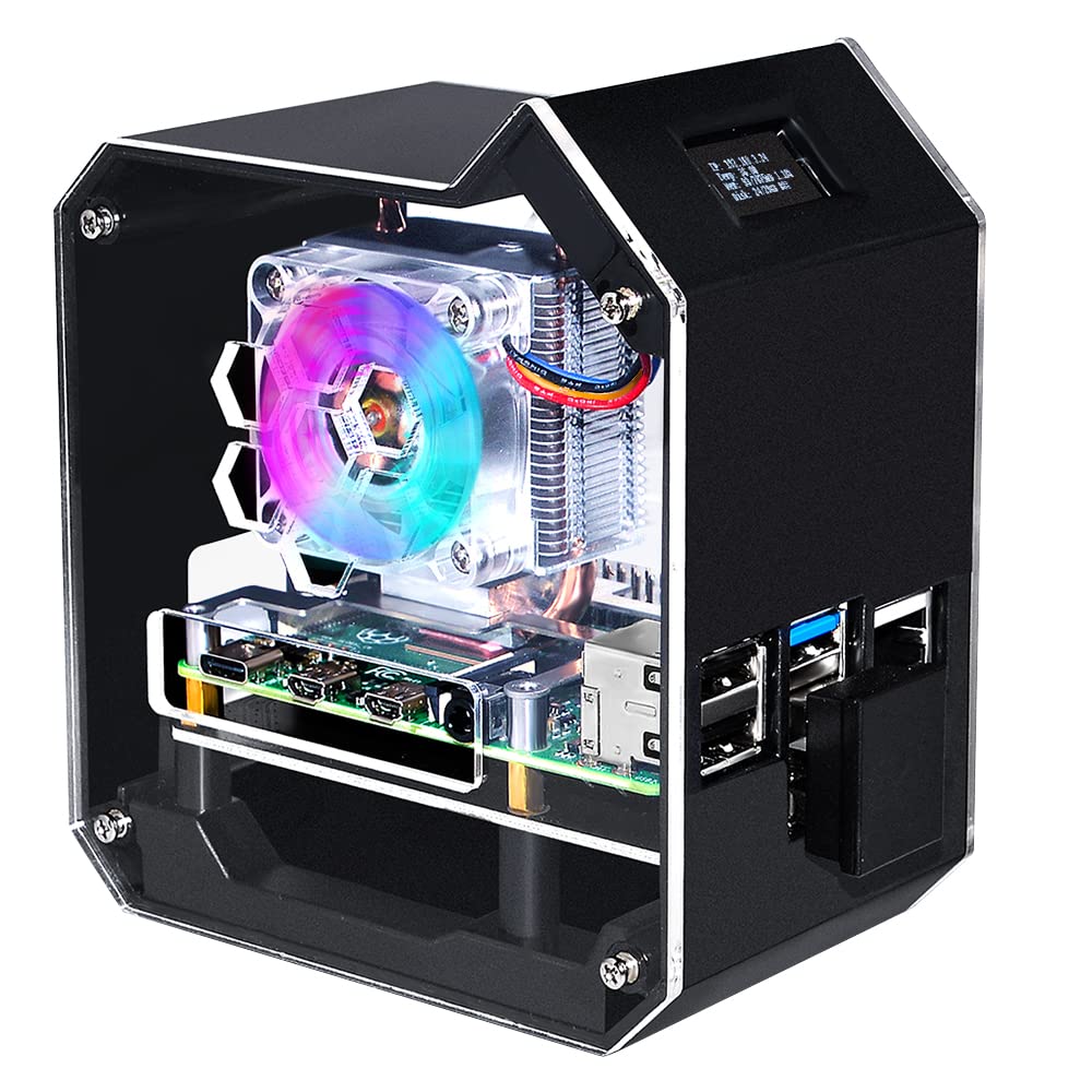 GeeekPi Mini Tower NAS Kit for Raspberry Pi, Pi ICE Tower Cooler with PWM RGB Fan, M.2 SATA SSD Expansion Board, GPIO 1 to 2 Expansion Board for Raspberry Pi 4 Model B