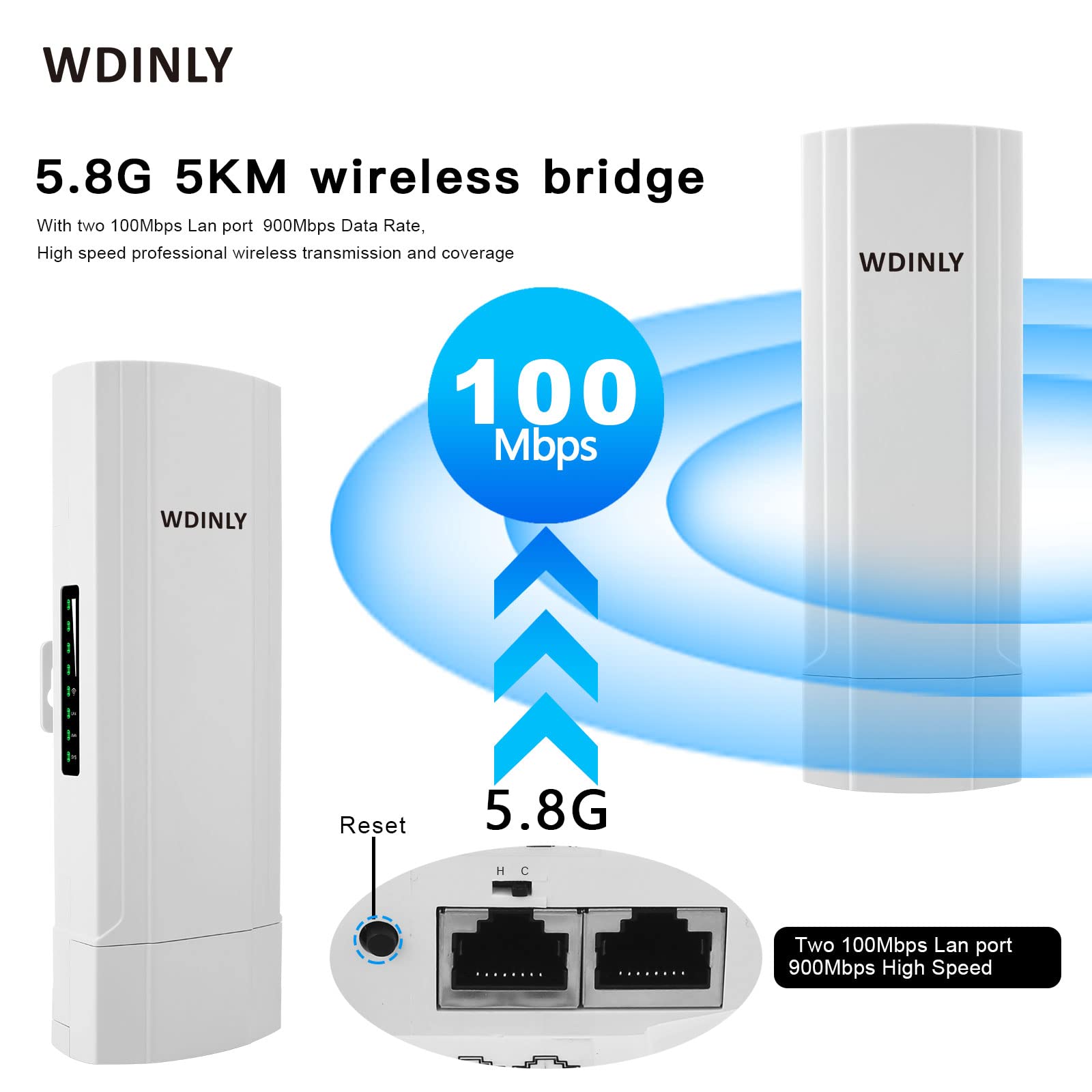 WDINLY 2 Pack 5KM Long Range Wireless Bridge Point to Point Outdoor, 5.8G WiFi Bridge Kit CPE with 14dBi High Gain Antenna POE Powered,Extend WiFi Network/Video Surveillance, Ideal for Barn Garage