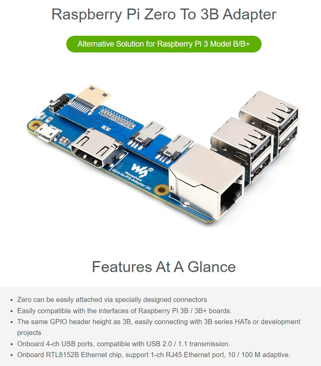 Raspberry Pi Zero to Pi 3B/3B+ Adapter, Based on Raspberry Pi Zero Series to Reproduce Original Appearance of Pi 3B/3B+, Alternative for Raspberry Pi 3 Model B/3B+, Compatible with Pi 3B/ 3B+ HATs