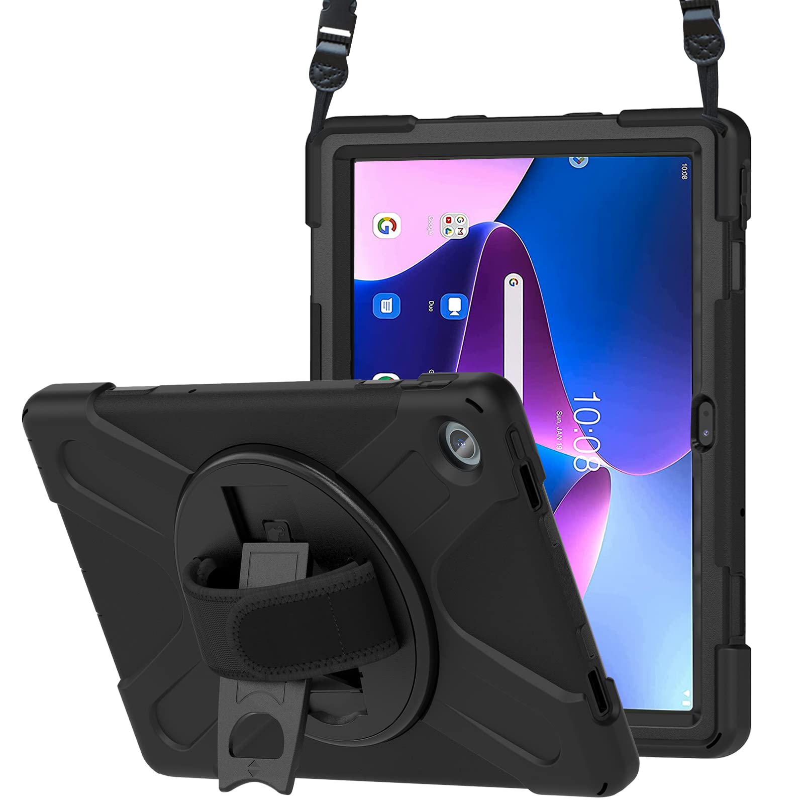 ProCase Compatible for Lenovo Tab M10 Plus 10.6 Inch 3rd Gen 2022 Released, Heavy Duty Shockproof Rugged Case 360 Degree Rotatable Kickstand Protective Cover Case –Black