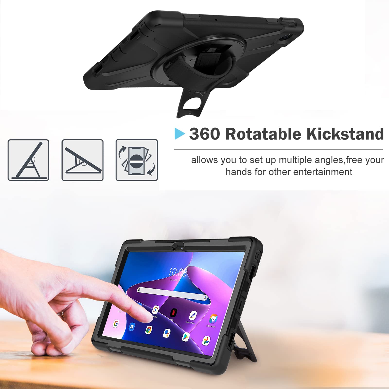 ProCase Compatible for Lenovo Tab M10 Plus 10.6 Inch 3rd Gen 2022 Released, Heavy Duty Shockproof Rugged Case 360 Degree Rotatable Kickstand Protective Cover Case –Black