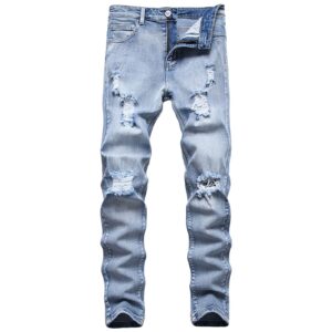 maiyifu-gj ripped slim fit jeans for men distressed destroyed straight leg denim pants retro hip hop washed jean trousers (light blue 1,31)