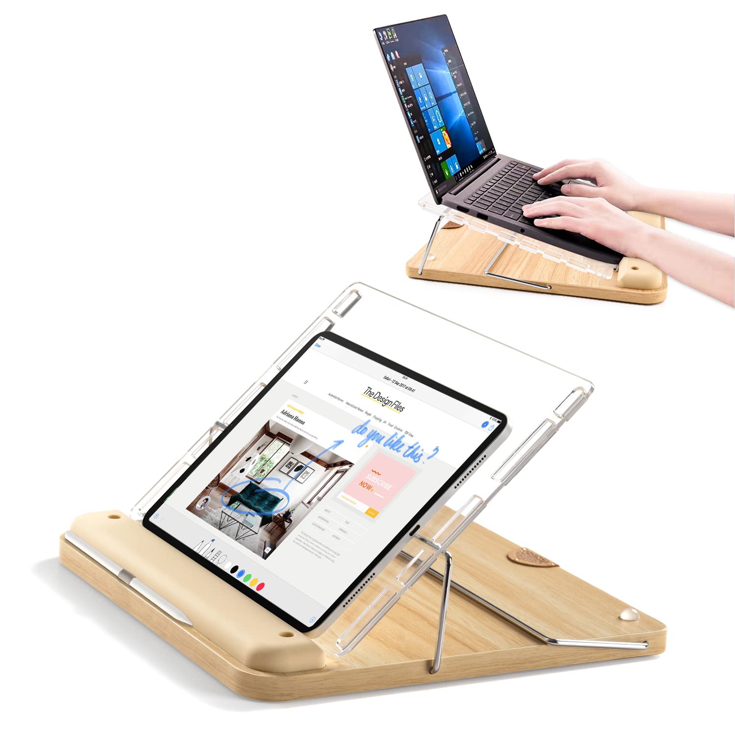 Tablet and Laptop Stand for iPad Pro Air Mini/Fire HD and MacBook,Etc.Solid Wooden Adjustable Desktop Holder Writing Drawing Stand with Wrist Rest & Pencil Holder (Natural Wood)