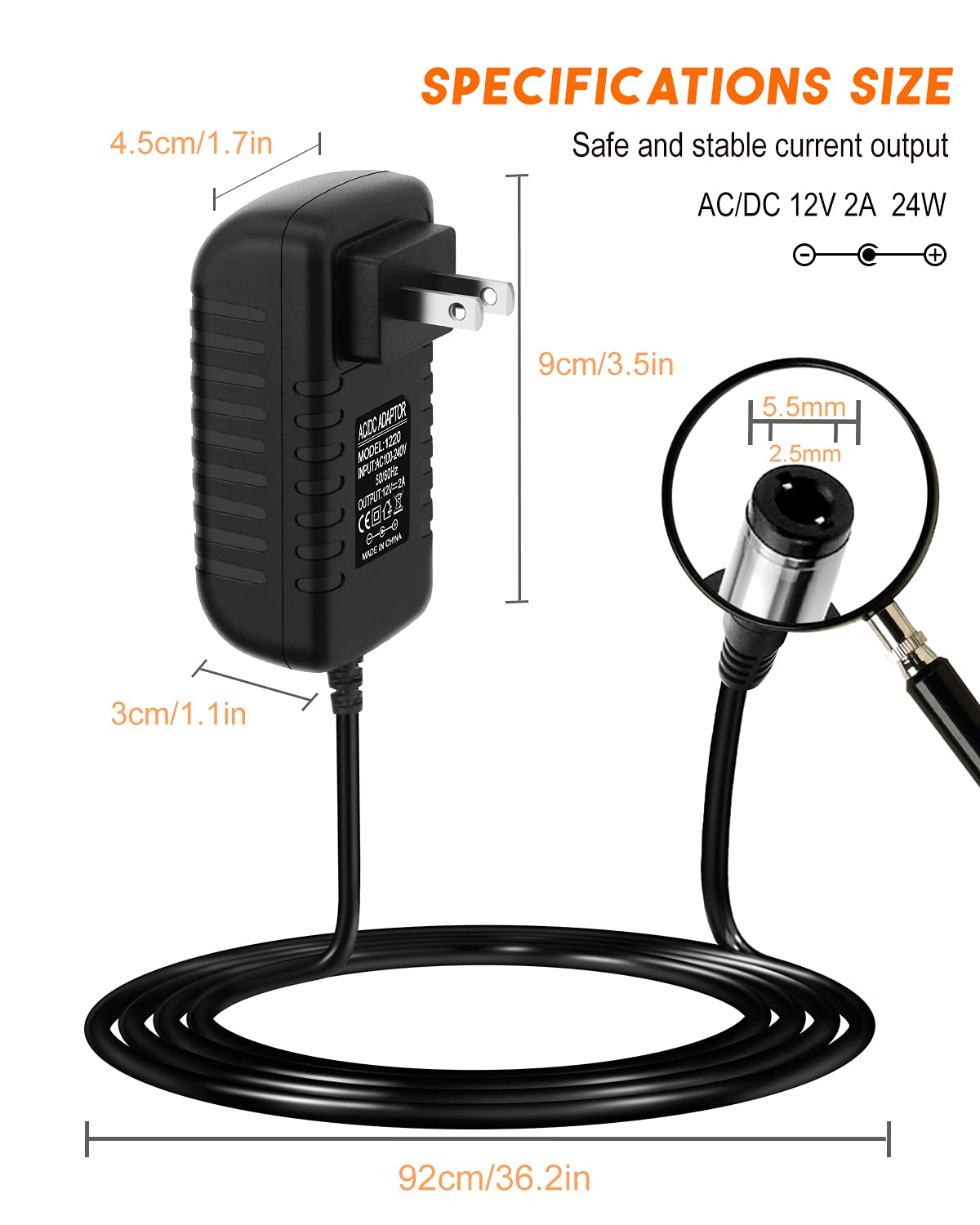 12 Volt 2A Power Adapter Supply12Volt 2000mA Universal AC Adapter AC 100-240V to DC 12V Power Supply Transformer Charger 2.5mm X 5.5mm Wall Plug for DC12V CCTV Camera LED Strip Light