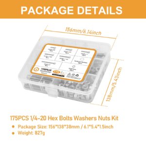 1/4-20 Hex Socket Head Cap Screw, VIGRUE 175PCS UNC Hexagon Bolts Washers Nuts Assortment Kit Machine Screws Set Stainless Steel 18-8 (304), Length from 5/8" to 2"