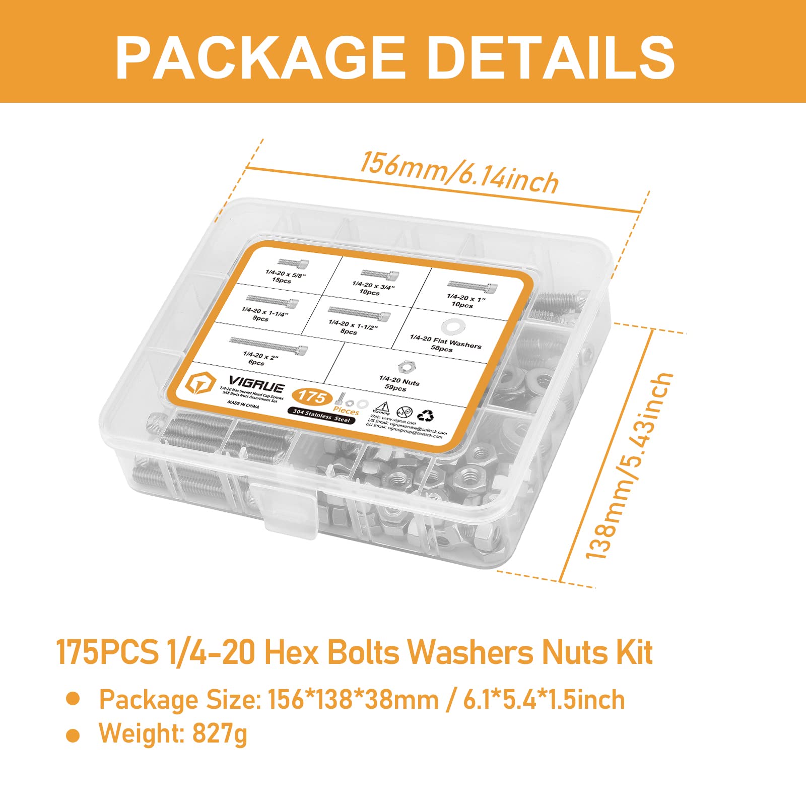 1/4-20 Hex Socket Head Cap Screw, VIGRUE 175PCS UNC Hexagon Bolts Washers Nuts Assortment Kit Machine Screws Set Stainless Steel 18-8 (304), Length from 5/8" to 2"