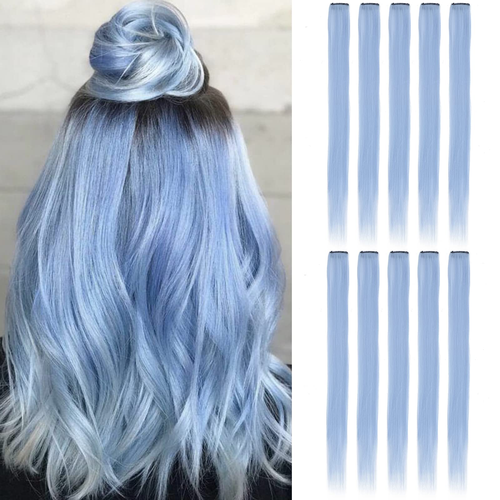 Sleekcute Della Robbia Blue 10Pcs Colored Hair Extensions - 22 Inch Straight Clip In Synthetic Hairpieces Ideal for Women, Kids, and Girls, for Halloween, Christmas and Cosplay