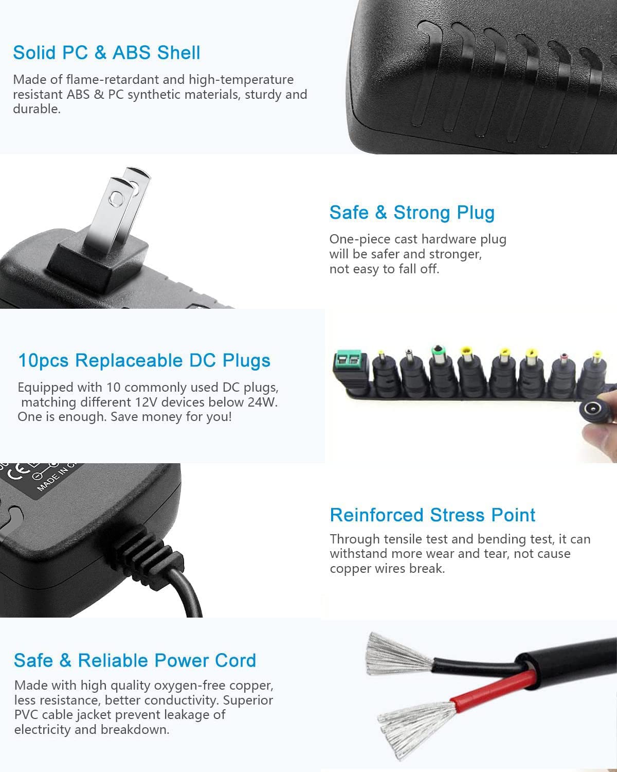 DC 12V 2A Power Supply AC DC Power Adapter with 10 Tips, DC in 12V 2A Power Cord,AC 100-240v, 50/60HZ, 5.5x2.5mm DC Output Jack,12V2a Adapter Converter Transformer