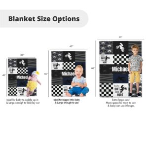 Personalized Motocross Minky Baby Blankets with Name, Customized Dirt Bike Patchwork Design Blankets for Boys Kids - Registry Gifts - Soft Plush Infant Toddler Baby Newborn Blanket