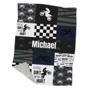 personalized motocross minky baby blankets with name, customized dirt bike patchwork design blankets for boys kids - registry gifts - soft plush infant toddler baby newborn blanket