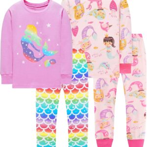 Little Hand Toddler Girls Pajamas Mermaid Princess 4 Pcs Long Sets Cotton Pjs Sleepwear Fall Winter Rainbow Outfits 4T 5T