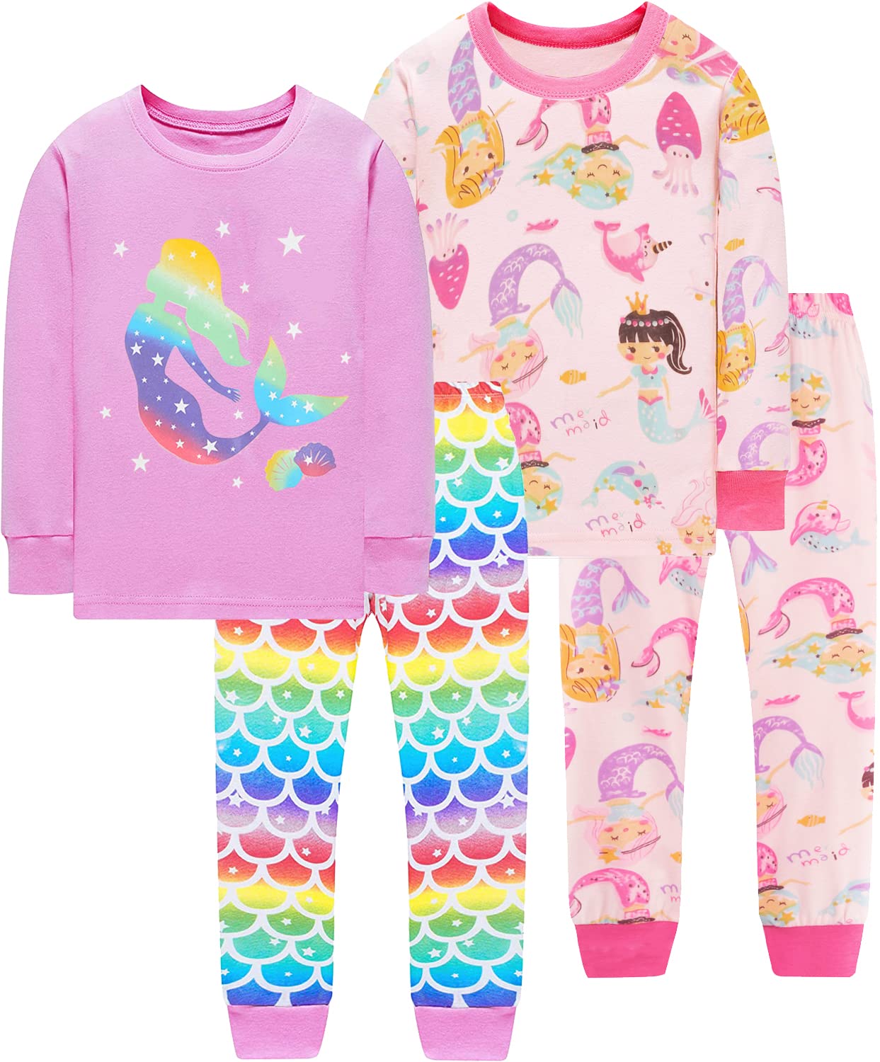 Little Hand Toddler Girls Pajamas Mermaid Princess 4 Pcs Long Sets Cotton Pjs Sleepwear Fall Winter Rainbow Outfits 4T 5T