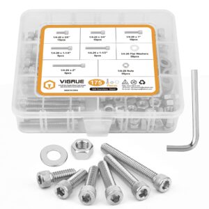 1/4-20 hex socket head cap screw, vigrue 175pcs unc hexagon bolts washers nuts assortment kit machine screws set stainless steel 18-8 (304), length from 5/8" to 2"