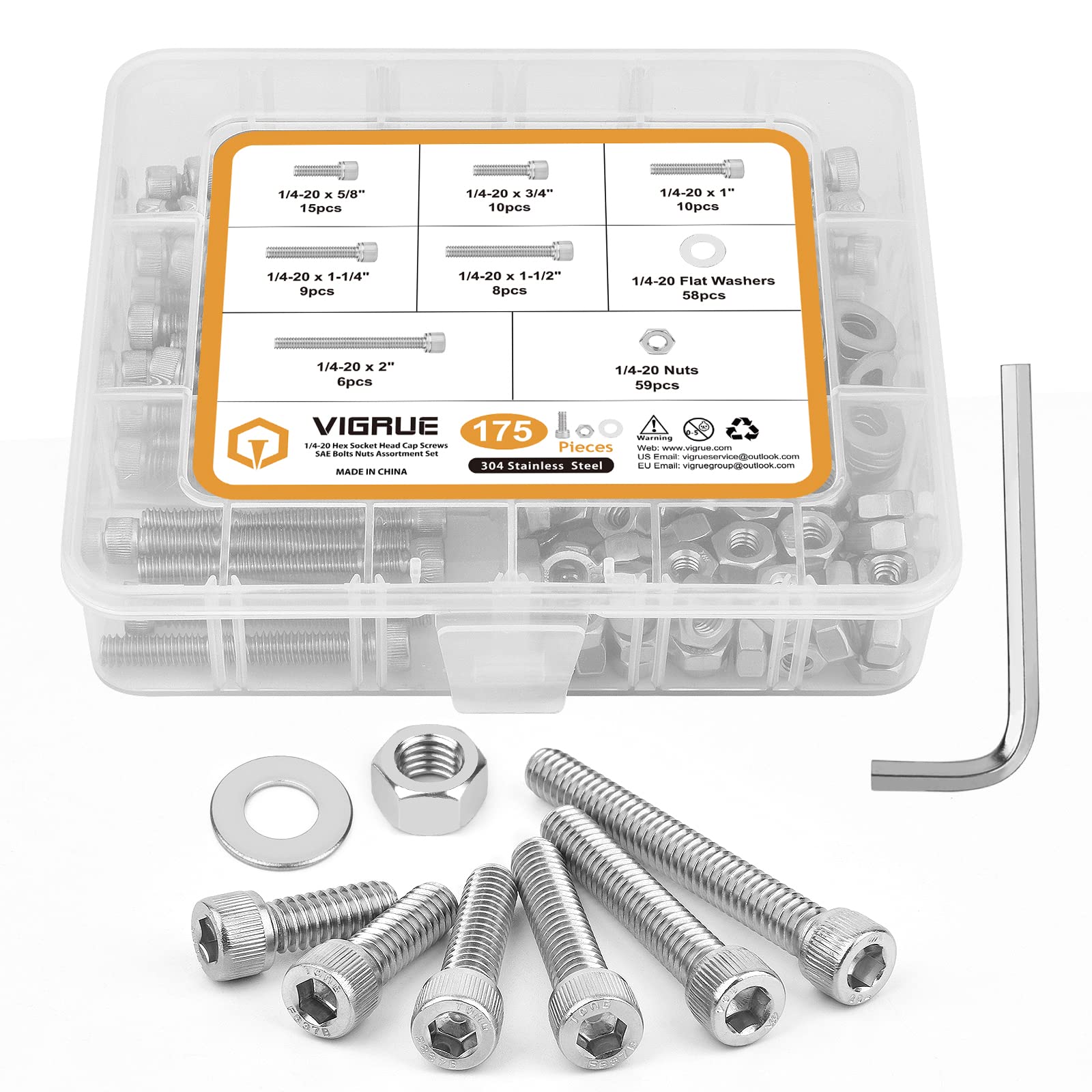 1/4-20 Hex Socket Head Cap Screw, VIGRUE 175PCS UNC Hexagon Bolts Washers Nuts Assortment Kit Machine Screws Set Stainless Steel 18-8 (304), Length from 5/8" to 2"