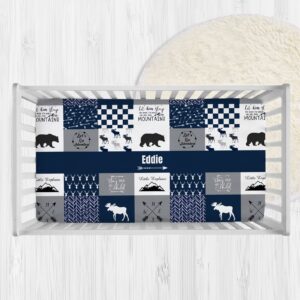 personalized woodland deer blue baby crib sheets with name, customized patchwork design crib mattress sheets for baby boys, fitted crib bedding sheets for standard crib size, name crib sheets